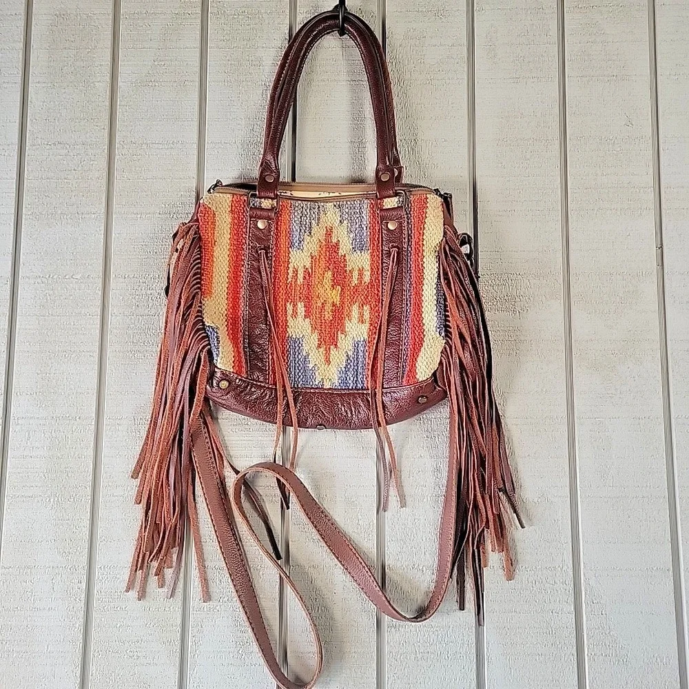 Myra Bag Leather Aztec Fringe Crossbody Bag | Southwestern Brown Saddle Blanket - Picture 1 of 7